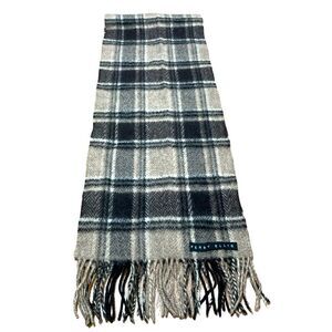 Perry Ellis dark brown and tan plaid wool scarf.